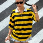 Women'S Casual Color-Block Striped Polo Neck Short Sleeve Sweater