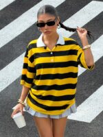 Women'S Casual Color-Block Striped Polo Neck Short Sleeve Sweater