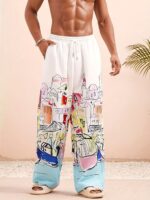 Men'S Summer Lightweight Breathable Surfing Cartoon Hand-Drawn Beachwear, Scenic Pattern Casual Fashion Print Casual Trousers