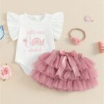 Girls Birthday Skirt Sets Short Sleeve Letter Rainbow Print Romper Tulle Skirt Headband Sets, for Teenager, For Teenager