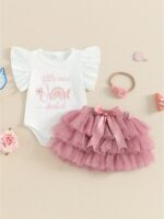 Girls Birthday Skirt Sets Short Sleeve Letter Rainbow Print Romper Tulle Skirt Headband Sets, for Teenager, For Teenager