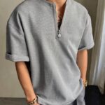 Waffle Grid Half-Open Zipper Round Neck T-Shirt