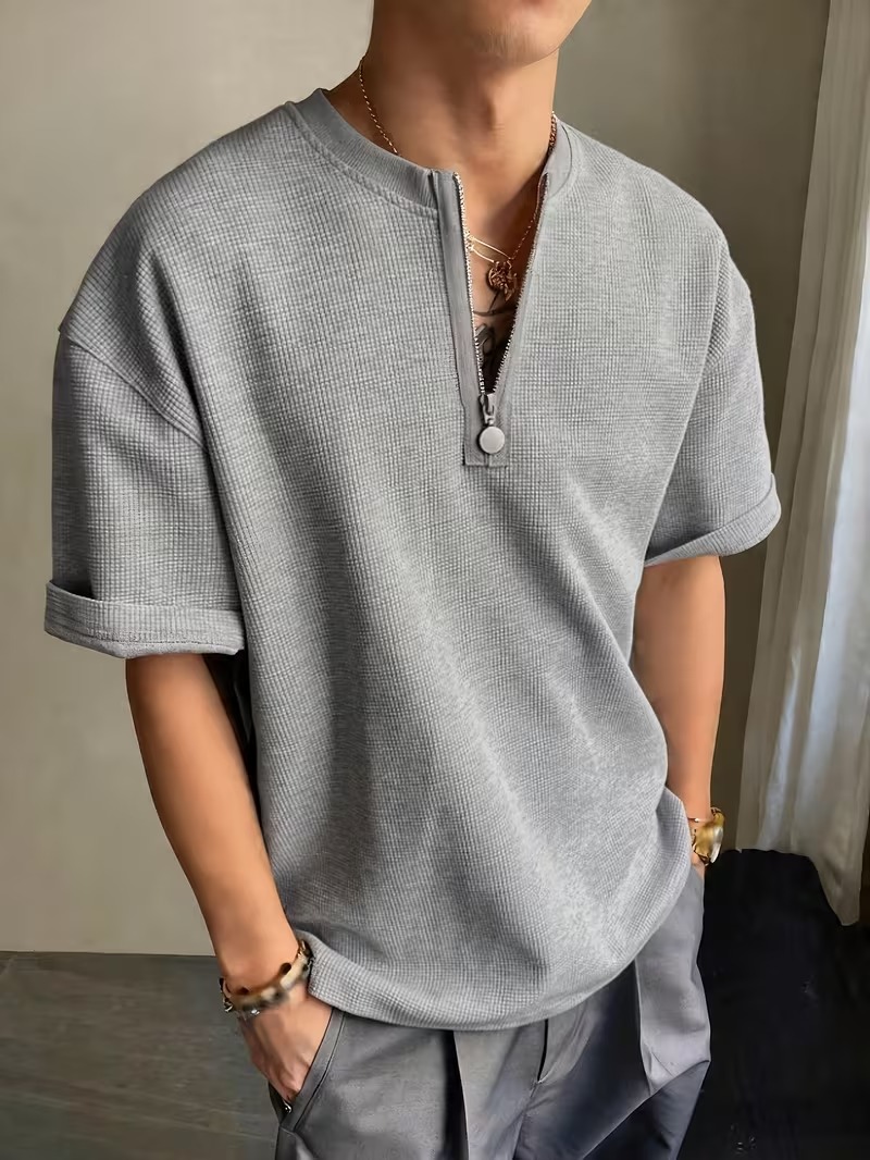 imageye___-_imgi_10_6c958588-7dc7-4f43-afa5-3c3e517f6a07 Waffle Grid Half-Open Zipper Round Neck T-Shirt - Image 1