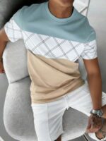[Printed Design – Not Textured] Men'S Summer Color-Blocked Plaid Short-Sleeve T-Shirt
