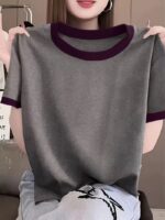 Women's Summer Dark Gray & Magenta Color-Block T-Shirt