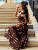 Elegant Vintage French Burgundy Dress, Lace V-Neck Waist-Cinching Midi Dress, Graceful Tea Dress, Full of Vacation Style - Image 2