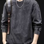 American Vintage Washed Long-Sleeve Solid Color T-Shirt for Men, Round Neck, Pure Cotton, Inner Wear, Spring and Autumn Style