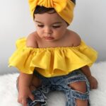 Spring Summer Fashion Outfit, Girls' Ruffled Off-Shoulder Top And Distressed Jeans 3pcs Set with Bow Headband, for Outdoor