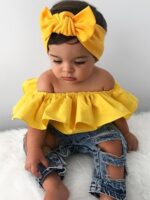Spring Summer Fashion Outfit, Girls' Ruffled Off-Shoulder Top And Distressed Jeans 3pcs Set with Bow Headband, for Outdoor