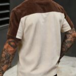 Men Vintage Color Block Corduroy Lapel Shirt Half Button Casual Comfort Short Sleeve Daily Tops