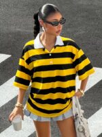 Women'S Casual Color-Block Striped Polo Neck Short Sleeve Sweater - Image 2