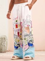 Men'S Summer Lightweight Breathable Surfing Cartoon Hand-Drawn Beachwear, Scenic Pattern Casual Fashion Print Casual Trousers - Image 2
