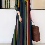 Elegant Colorful Striped Button-Up Maxi Dress for Women - Polyester, Machine Washable, Non-Stretch Fabric