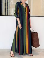 Elegant Colorful Striped Button-Up Maxi Dress for Women - Polyester, Machine Washable, Non-Stretch Fabric