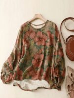 Women'S Floral Print T-Shirt, Round Neck Lantern Sleeve Loose Fit Comfortable Breathable Fabric Casual Pullover Top - Image 4