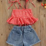 Summer Fashion Girls' Set: Plaid Ruffle Trim Tank Top + Denim Shorts Set, Perfect for Outdoor