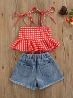 Summer Fashion Girls' Set: Plaid Ruffle Trim Tank Top + Denim Shorts Set, Perfect for Outdoor