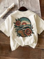 Men's Graphic Tees - Summer Fashion Floral and Wave Print Crew Neck Sporty Graphic Vintage Style T-Shirt