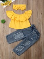 Spring Summer Fashion Outfit, Girls' Ruffled Off-Shoulder Top And Distressed Jeans 3pcs Set with Bow Headband, for Outdoor - Image 2