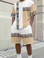 Men'S Short-Sleeve Casual Vacation Set for Spring And Summer, Featuring Trendy Ethnic Geometric Patterns - Image 2