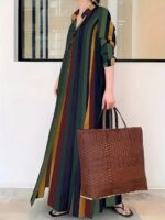 Elegant Colorful Striped Button-Up Maxi Dress for Women - Polyester, Machine Washable, Non-Stretch Fabric - Image 2