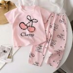 Girls' Thermal Underwear Set with Pink Cherry Print, Comfortable and Skin-Friendly