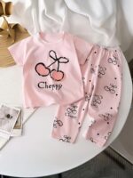 Girls' Thermal Underwear Set with Pink Cherry Print, Comfortable and Skin-Friendly