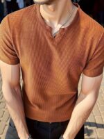Men'S Spring, Summer, And Autumn Season Flat Shoulder Textured Fabric Round Neck Short-Sleeved T-Shirt
