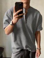 Waffle Grid Half-Open Zipper Round Neck T-Shirt - Image 3