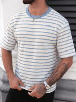 Summer New Men'S Short Sleeve T-Shirt Casual Fashion Comfortable Versatile Jacquard Striped Men'S Top - Image 3