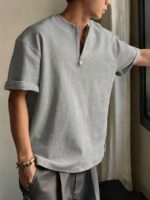 Waffle Grid Half-Open Zipper Round Neck T-Shirt - Image 5