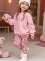 2-piece Set. Girls' Round-neck Sweatshirt with Long Pants Set