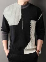 Men'S Thick Warm Sweater - Black/White/Gray Stitching Round Neck Pullover, Suitable for Formal And Casual Dress - Image 3