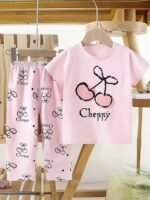 Girls' Thermal Underwear Set with Pink Cherry Print, Comfortable and Skin-Friendly - Image 2