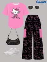 Girls' Sanrio Casual Round Neck Cartoon Hello Kitty Print Short Sleeve T-Shirt + Cargo Pocket Long Pants 2pcs Set - Image 2