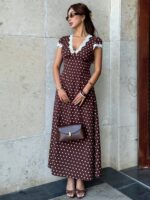 Elegant Vintage French Burgundy Dress, Lace V-Neck Waist-Cinching Midi Dress, Graceful Tea Dress, Full of Vacation Style - Image 3
