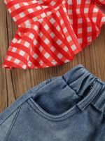 Summer Fashion Girls' Set: Plaid Ruffle Trim Tank Top + Denim Shorts Set, Perfect for Outdoor - Image 5