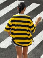 Women'S Casual Color-Block Striped Polo Neck Short Sleeve Sweater - Image 3