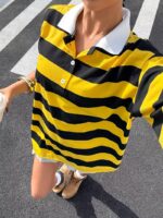Women'S Casual Color-Block Striped Polo Neck Short Sleeve Sweater - Image 4