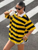 Women'S Casual Color-Block Striped Polo Neck Short Sleeve Sweater - Image 5