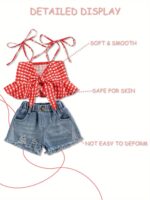 Summer Fashion Girls' Set: Plaid Ruffle Trim Tank Top + Denim Shorts Set, Perfect for Outdoor - Image 2