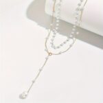 1pc Elegant Business Double-Layer Necklace, Easy Faux Pearl Handmade Chain Tassel Necklace - Image 2