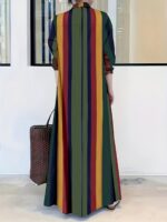 Elegant Colorful Striped Button-Up Maxi Dress for Women - Polyester, Machine Washable, Non-Stretch Fabric - Image 4