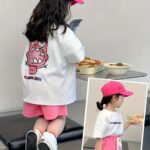 Little Girl Summer Short Sleeve Set, Girls' Trendy Girly Athletic Influencer Summer Outfit 3- 2pcs Cartoon Little Monster Pattern Set, for Outdoor