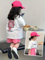 Little Girl Summer Short Sleeve Set, Girls' Trendy Girly Athletic Influencer Summer Outfit 3- 2pcs Cartoon Little Monster Pattern Set, for Outdoor