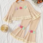 Girls Outfit Kids 2pcs Set Long Sleeve Top And Flare Pants Set Flower Applique Fringe Hem Casual Fall Clothes for Girls, for Outdoor
