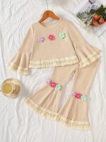 Girls Outfit Kids 2pcs Set Long Sleeve Top And Flare Pants Set Flower Applique Fringe Hem Casual Fall Clothes for Girls, for Outdoor