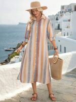 Elegant Women's Vacation Casual Striped Shirt Long Dress, Spring/Summer Style - Image 2