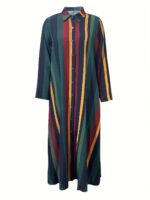 Elegant Colorful Striped Button-Up Maxi Dress for Women - Polyester, Machine Washable, Non-Stretch Fabric - Image 3