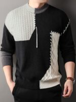Men'S Thick Warm Sweater - Black/White/Gray Stitching Round Neck Pullover, Suitable for Formal And Casual Dress - Image 4